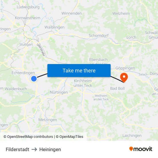 Filderstadt to Heiningen map