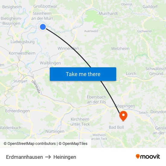 Erdmannhausen to Heiningen map