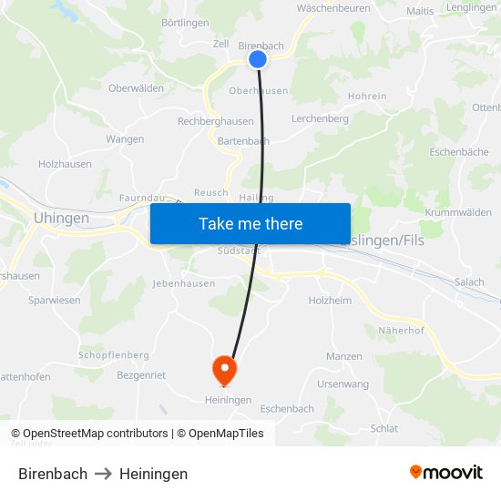 Birenbach to Heiningen map