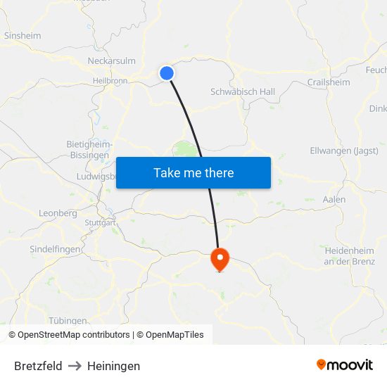 Bretzfeld to Heiningen map