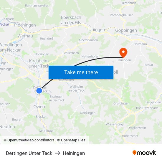 Dettingen Unter Teck to Heiningen map