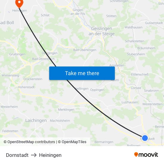 Dornstadt to Heiningen map