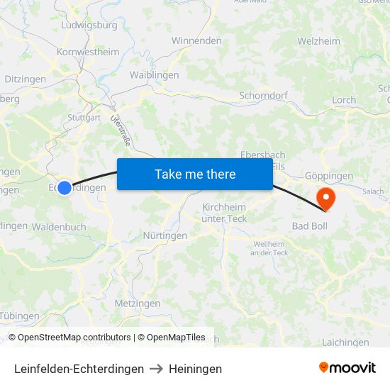 Leinfelden-Echterdingen to Heiningen map