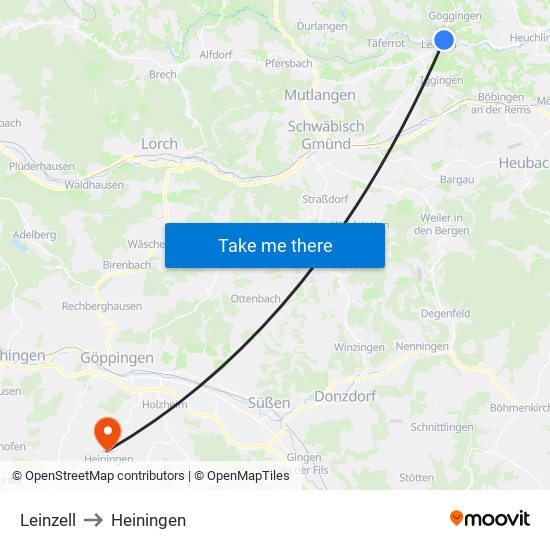 Leinzell to Heiningen map