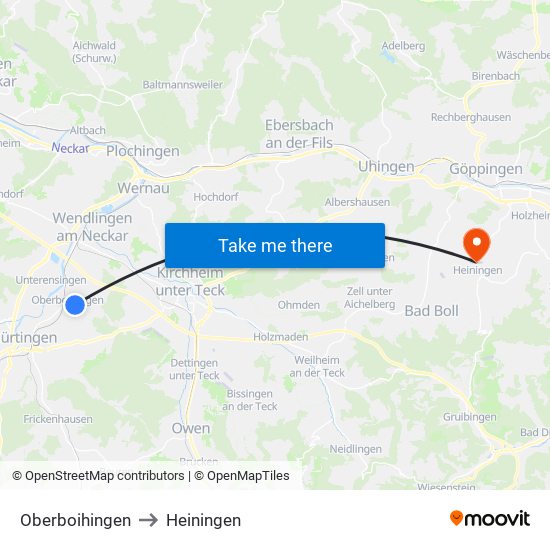 Oberboihingen to Heiningen map