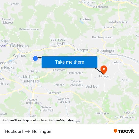 Hochdorf to Heiningen map