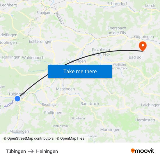 Tübingen to Heiningen map