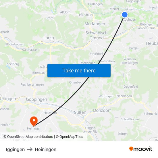 Iggingen to Heiningen map