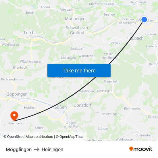 Mögglingen to Heiningen map