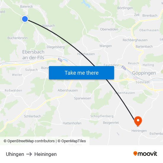 Uhingen to Heiningen map