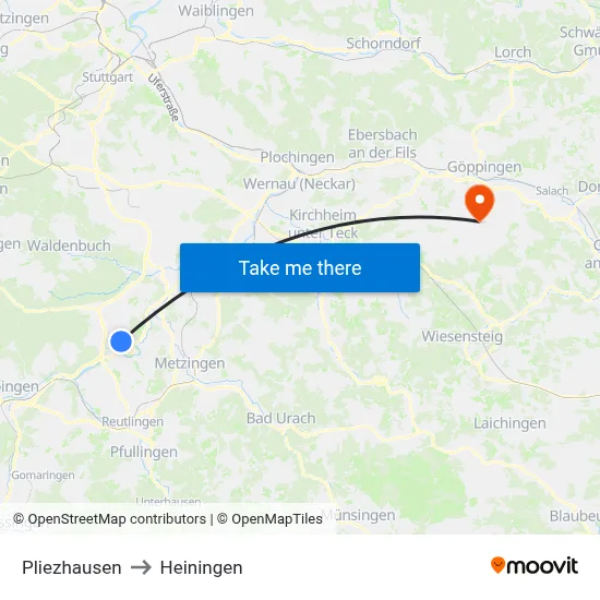Pliezhausen to Heiningen map