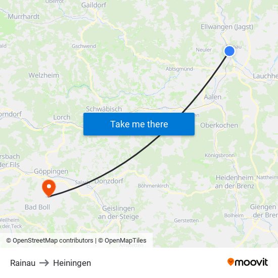 Rainau to Heiningen map
