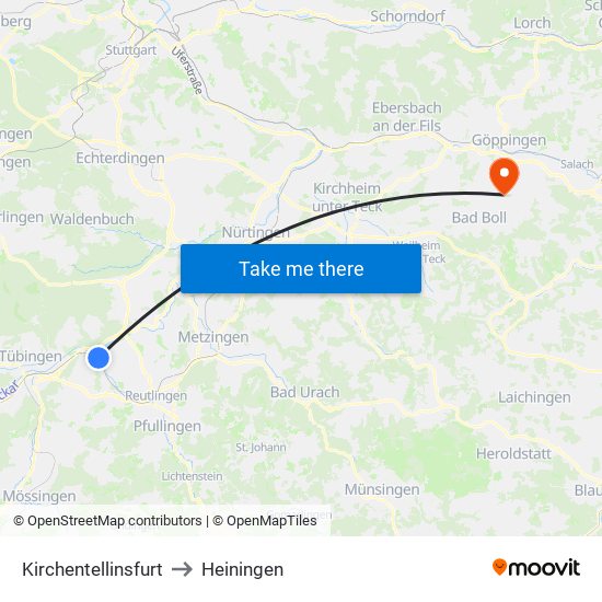 Kirchentellinsfurt to Heiningen map