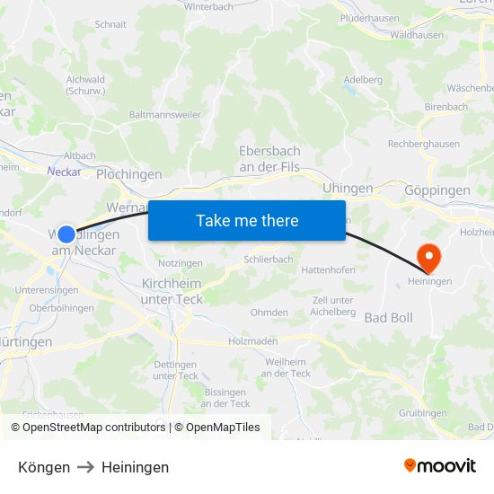 Köngen to Heiningen map