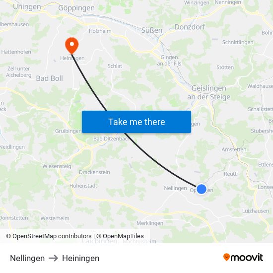 Nellingen to Heiningen map