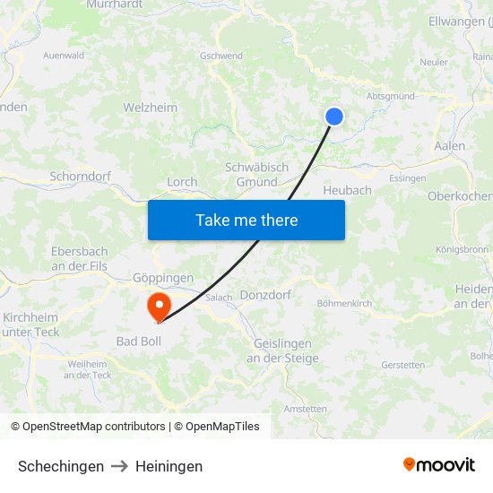 Schechingen to Heiningen map