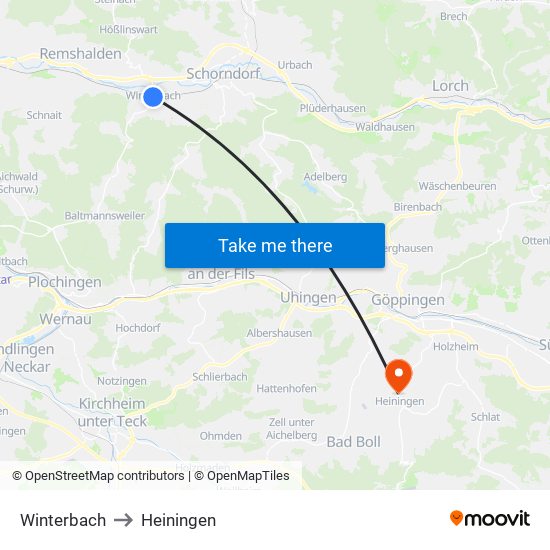 Winterbach to Heiningen map