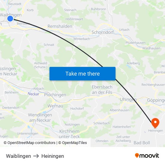 Waiblingen to Heiningen map