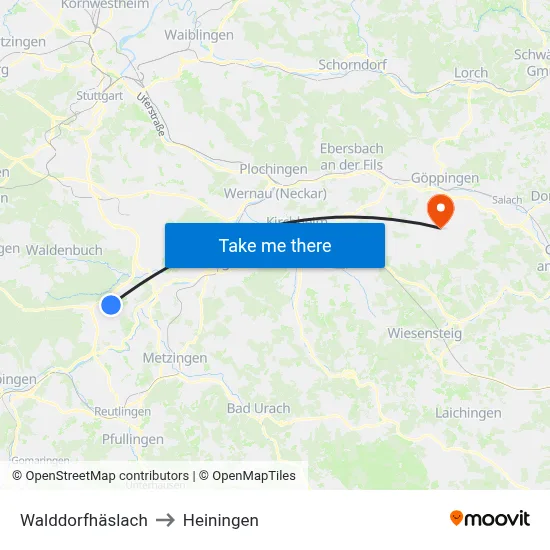 Walddorfhäslach to Heiningen map