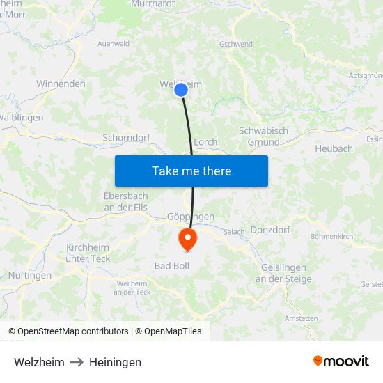Welzheim to Heiningen map