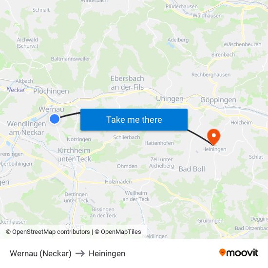 Wernau (Neckar) to Heiningen map