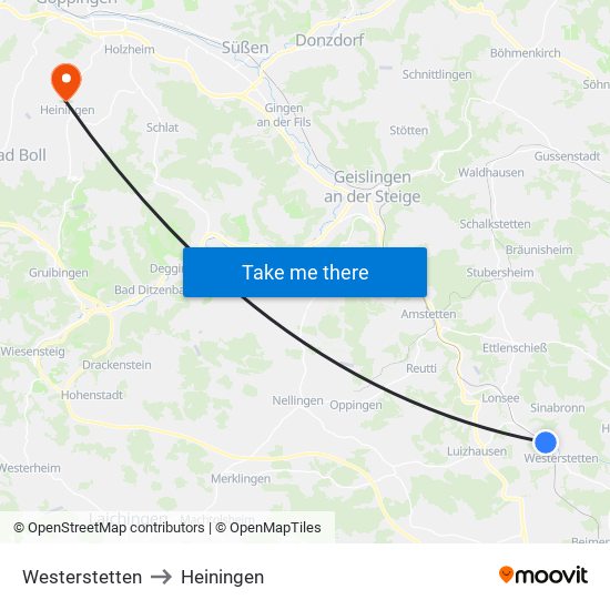 Westerstetten to Heiningen map