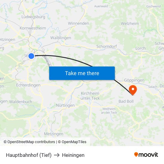 Hauptbahnhof (Tief) to Heiningen map
