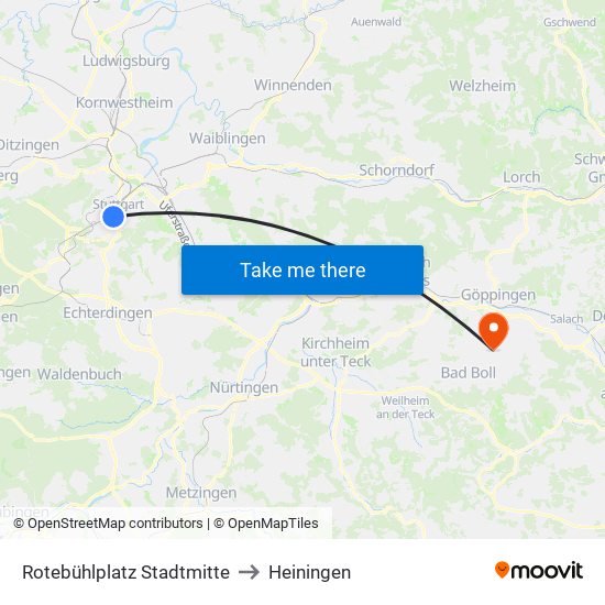 Rotebühlplatz Stadtmitte to Heiningen map