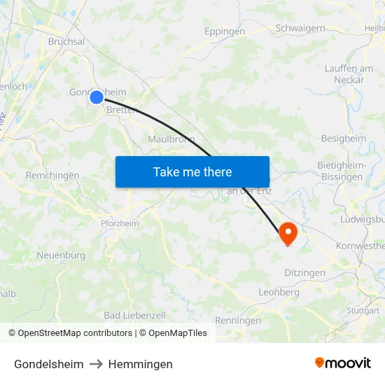 Gondelsheim to Hemmingen map
