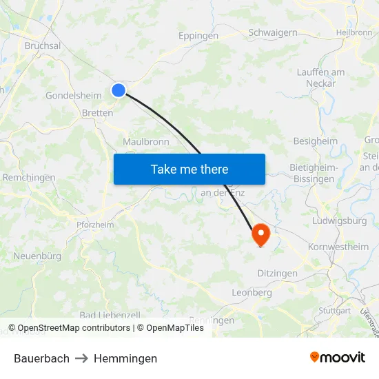 Bauerbach to Hemmingen map
