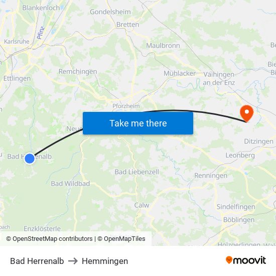Bad Herrenalb to Hemmingen map