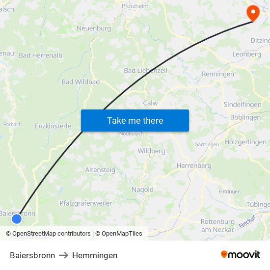 Baiersbronn to Hemmingen map