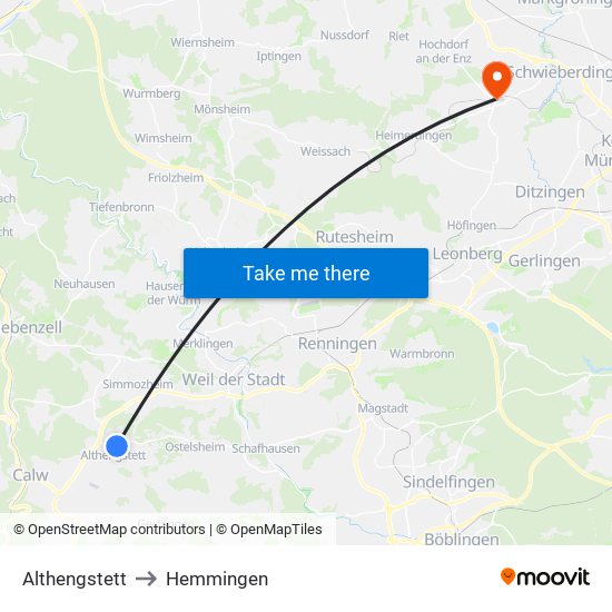 Althengstett to Hemmingen map