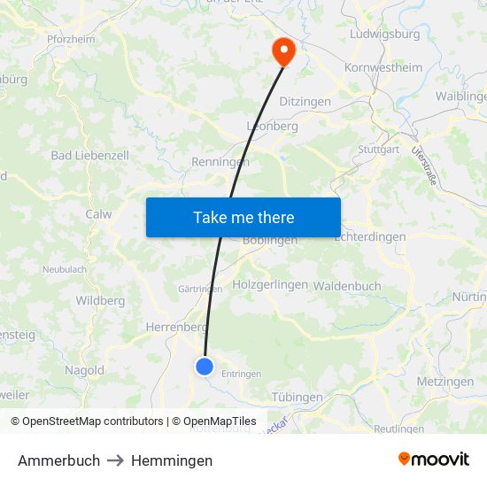 Ammerbuch to Hemmingen map