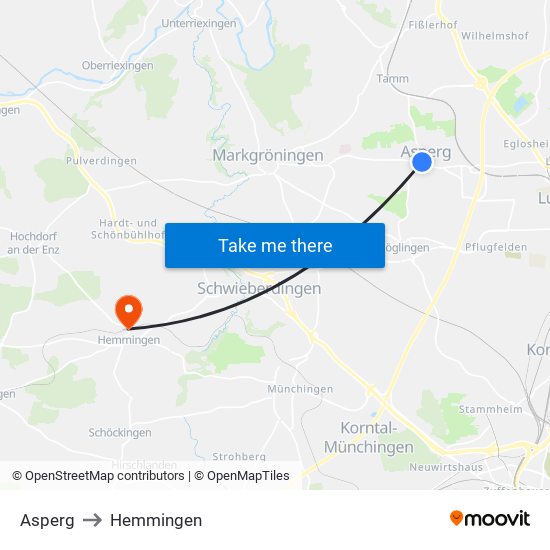 Asperg to Hemmingen map