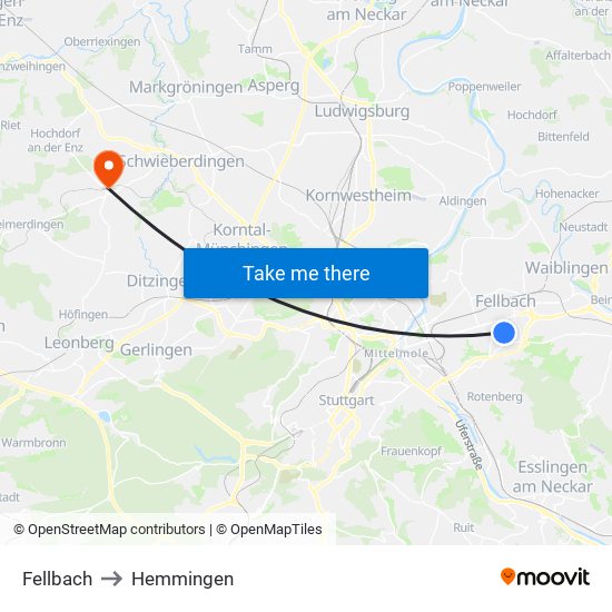 Fellbach to Hemmingen map