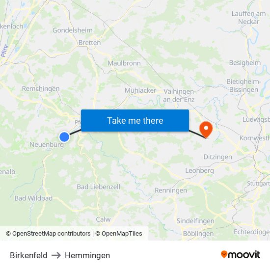 Birkenfeld to Hemmingen map
