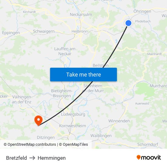 Bretzfeld to Hemmingen map