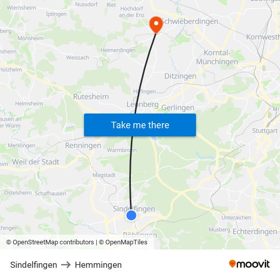 Sindelfingen to Hemmingen map