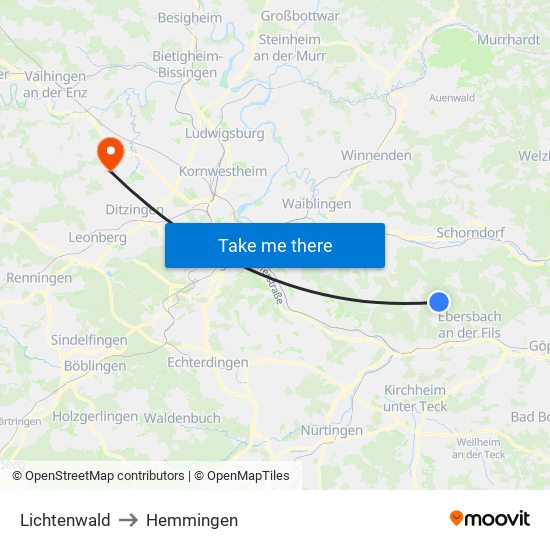 Lichtenwald to Hemmingen map