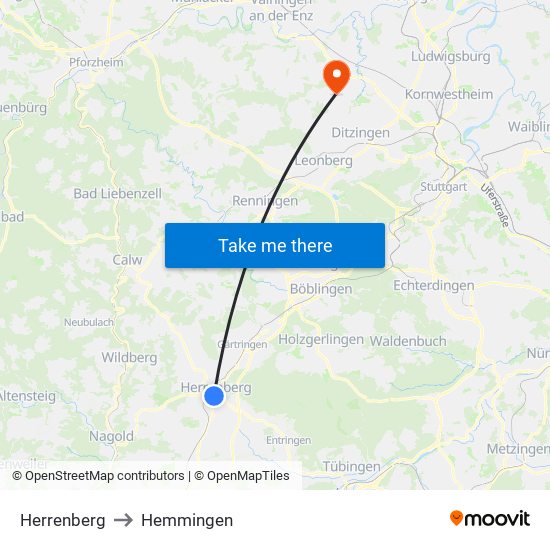 Herrenberg to Hemmingen map