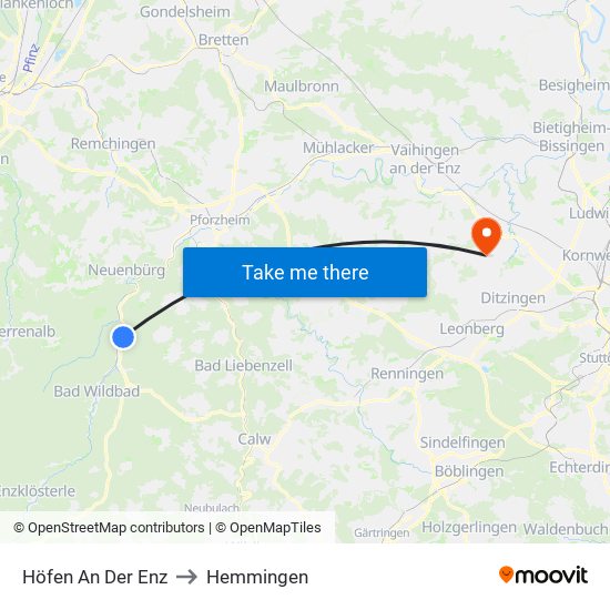 Höfen An Der Enz to Hemmingen map