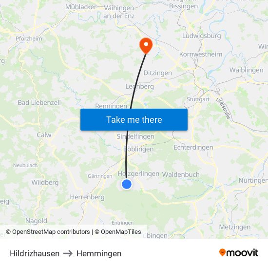 Hildrizhausen to Hemmingen map