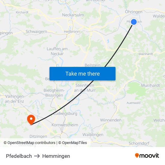 Pfedelbach to Hemmingen map