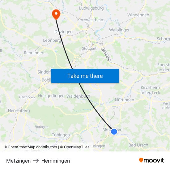 Metzingen to Hemmingen map