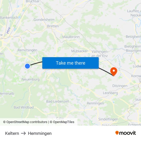 Keltern to Hemmingen map