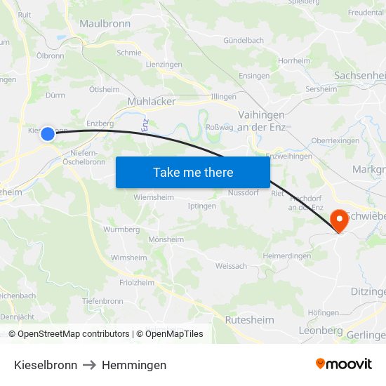 Kieselbronn to Hemmingen map