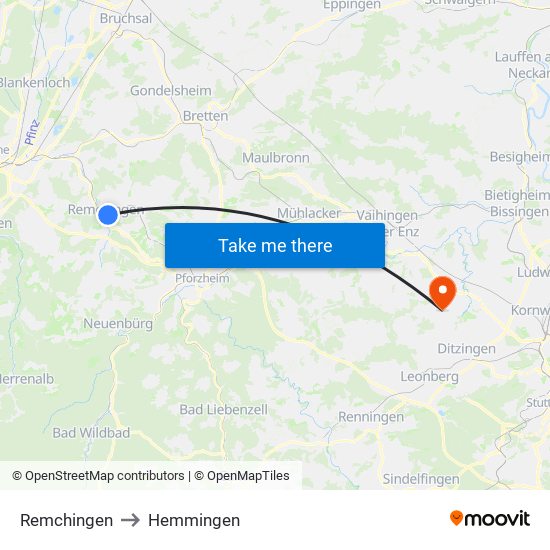 Remchingen to Hemmingen map