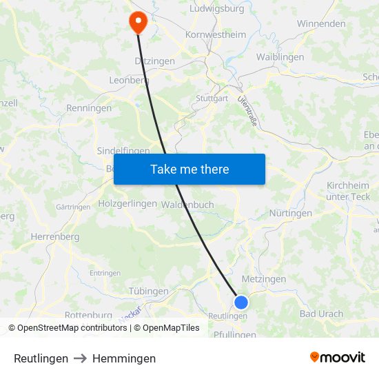 Reutlingen to Hemmingen map