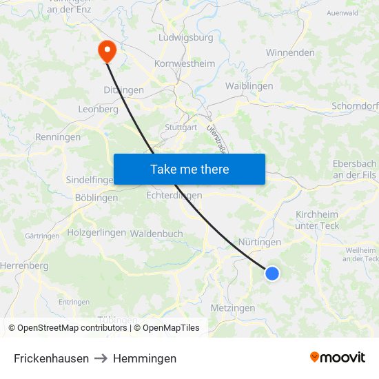 Frickenhausen to Hemmingen map